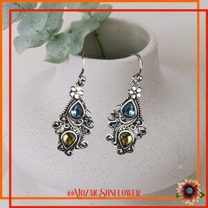 Aquamarine Citrine Teardrops Ornate Pattern French Hook NWT